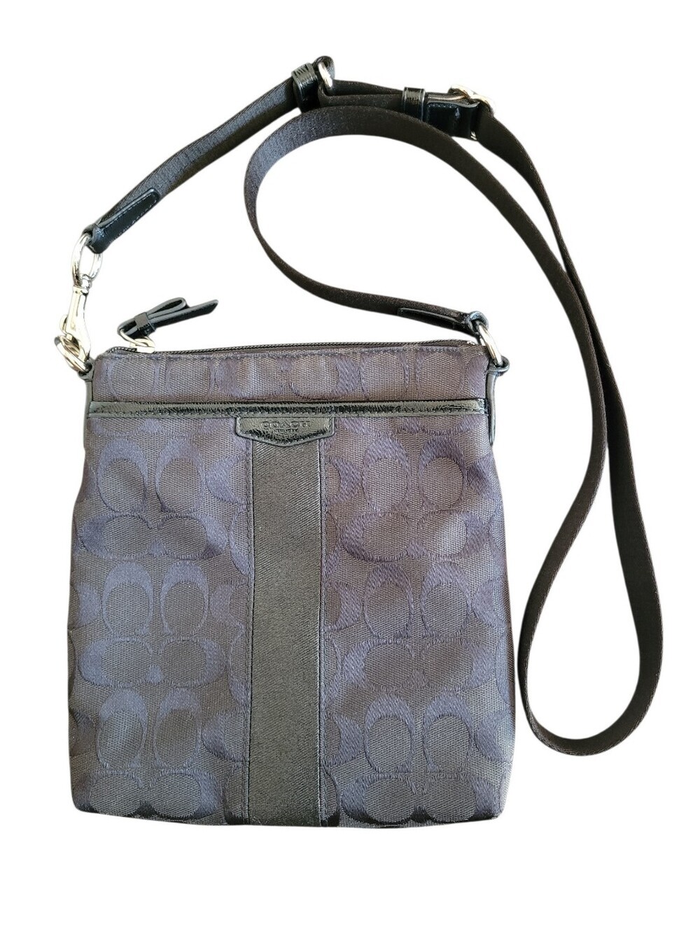 Coach Black Slim Crossbody Bag Sig C Jacquard Leather Accent Silver Hardware